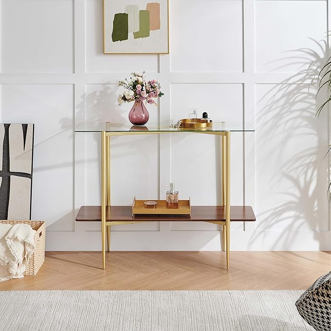 Pine Flicker Rectangle Glass Console Table, Mid-Century Modern Design, L41*W14*H32 inch, for Living Room, Clear Glass Top and Walnut Finish Wood Shelf, Conical Metal Legs with Gold Finish