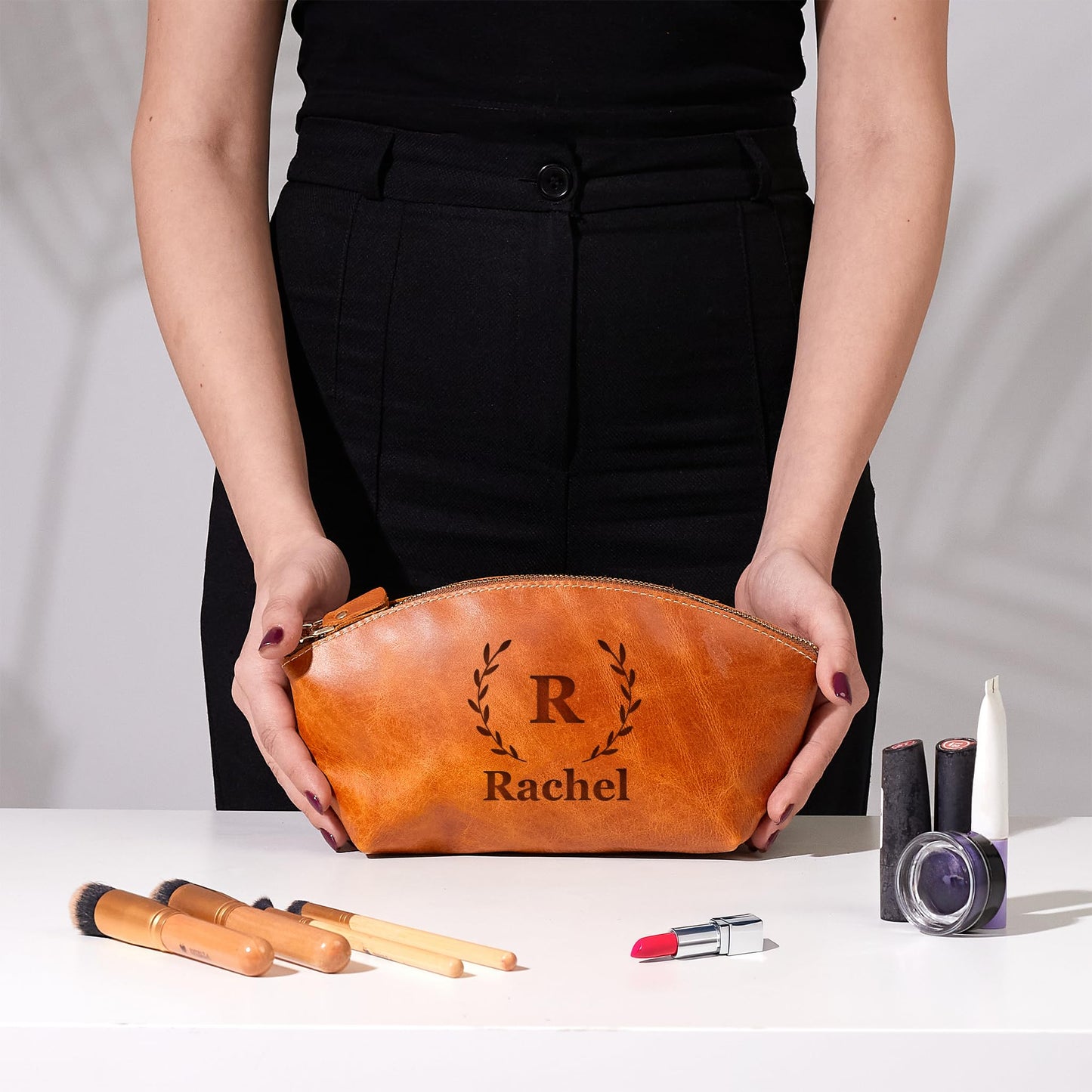 Luxury Personalized Leather Makeup Bags Crafted in USA, Full-Grain Leather Cosmetic Bag Engraved Name Initials or Logo, Birthday Anniversary Christmas Gift or Mother Gift, Italian Zipper, Make-up Purse for Women