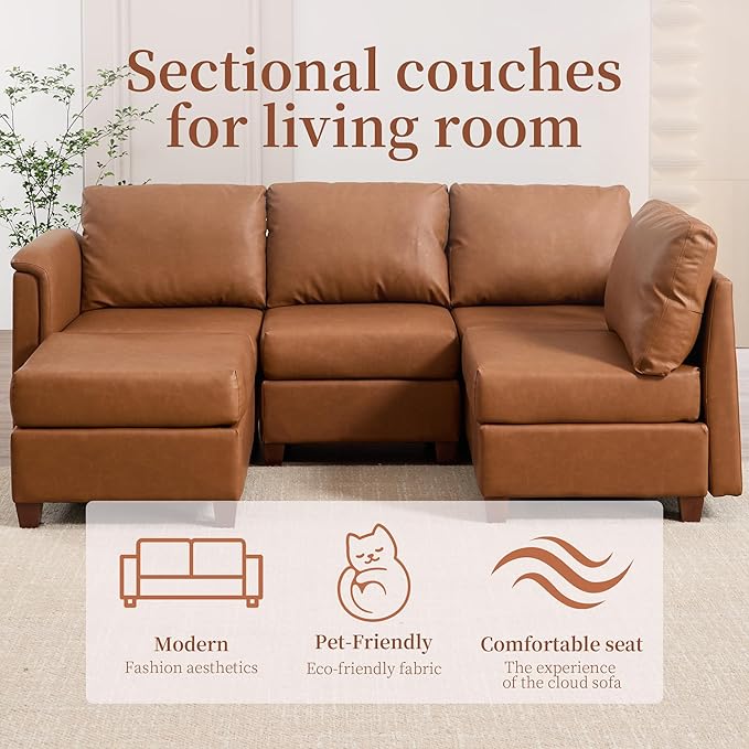 Atrtivoent 111.8" Modular Sectional Sofa,Modern L Shaped PU Leather Sofa with Storage,5 Seat Deep Seat Sectional Couch for Living Room,Brown