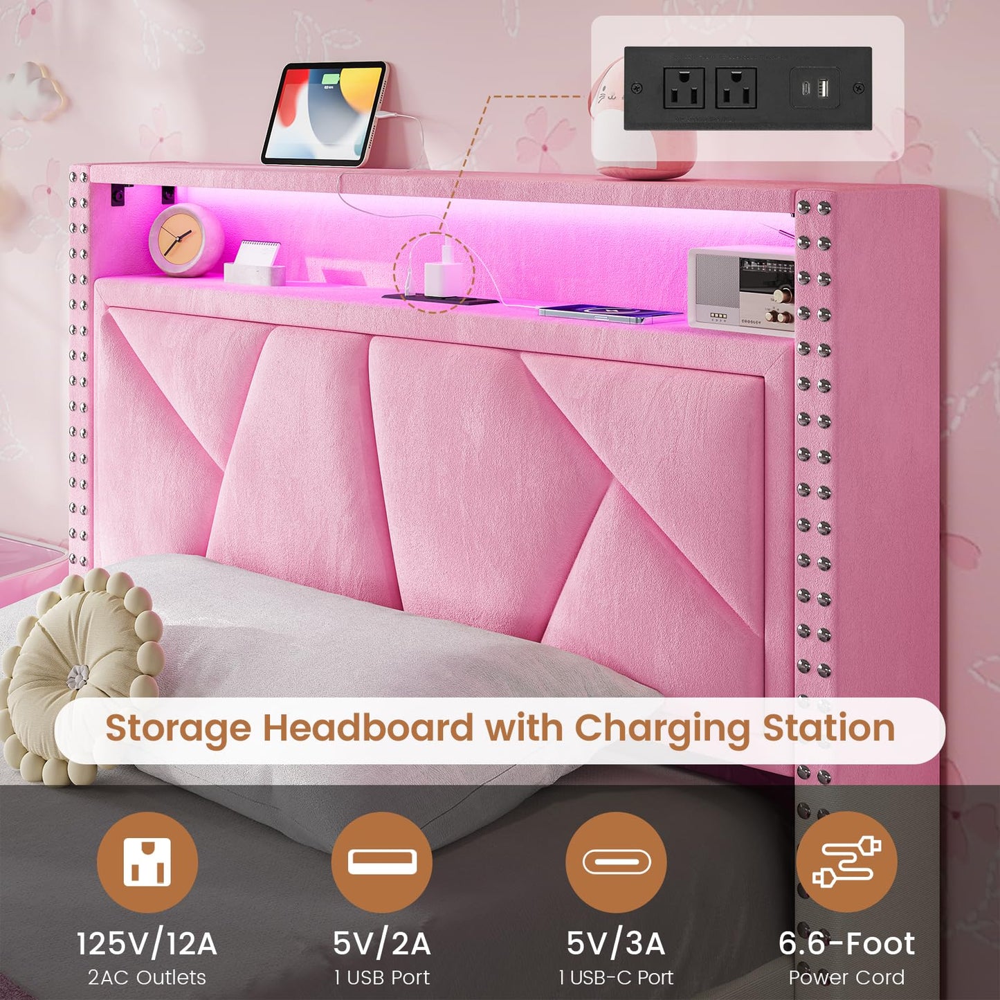 VIAGDO Pink Twin Bed Frames with LED Lights, Upholstered Platform Bed Frame Twin Size with Storage Headboard and Charging Station, LED Twin Bed Frame, No Box Spring Needed