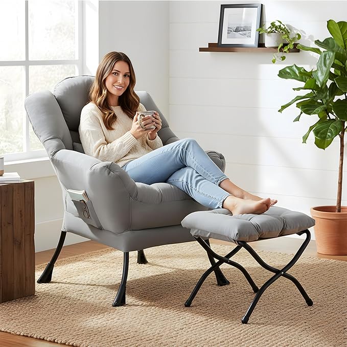 Furlide Lazy Chair with Ottoman, Modern Lounge Chair with Lumbar Pillow, Accent Cozy Reading Armchair and Folding Footstool for Bedroom, Dorm, Living Room,Light Grey