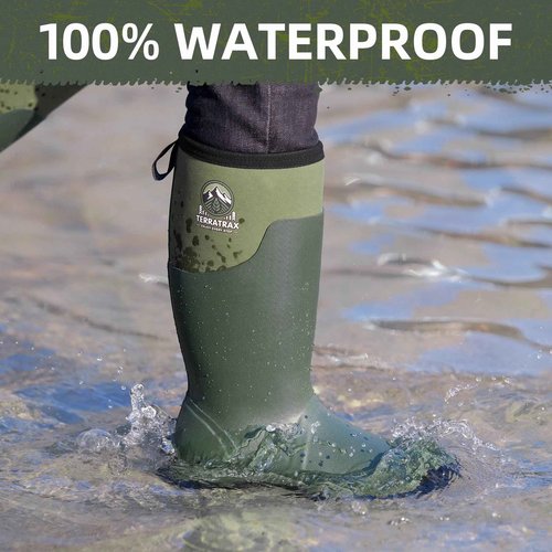 TerraTrax Men's Waterproof Insulated Rubber Hunting Boots – 6mm Neoprene Rain Boots for Outdoor Work, Fishing, Farming & Gardening Green Size 9