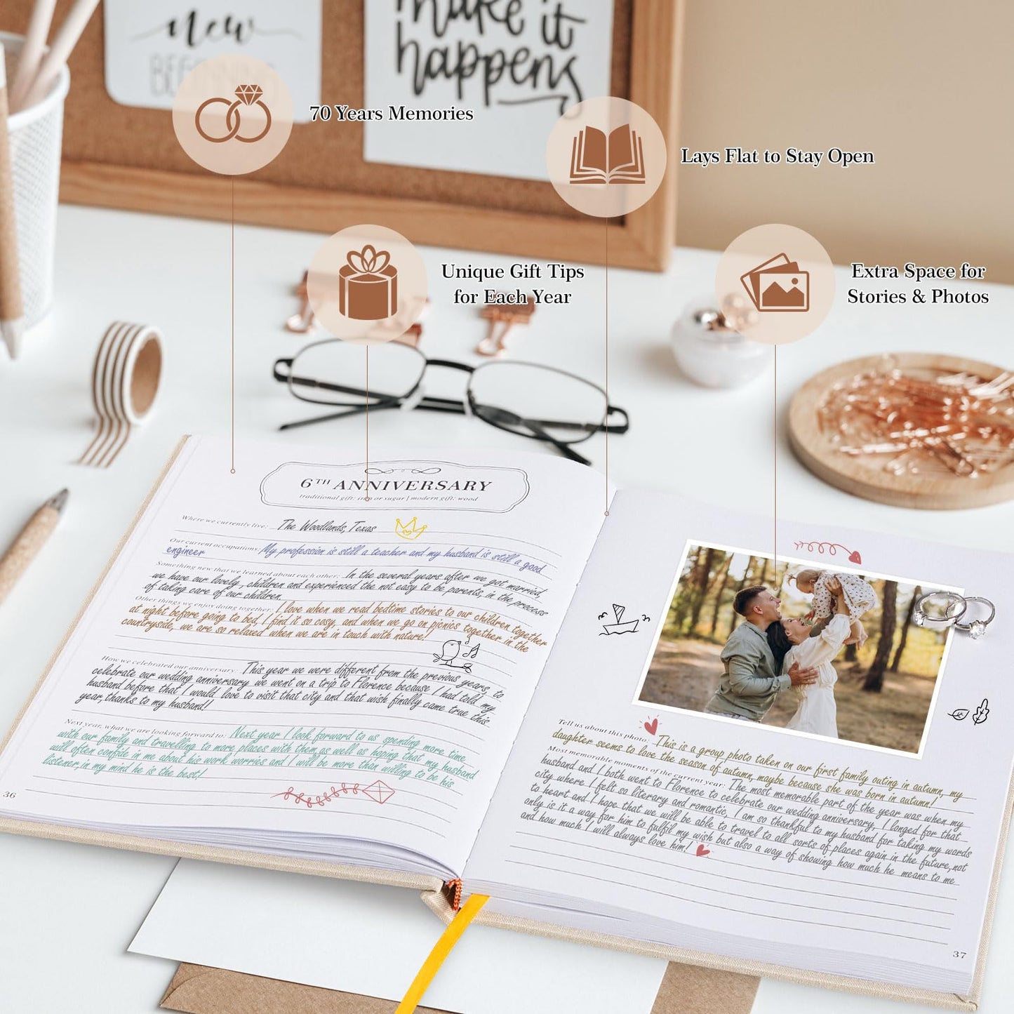 Lanpn Wedding Anniversary Journal Notebook - Linen First Year to 70th Anniversary Scrapbook Memory Book for Couples - Newlywed Marriage Journal Wedding Anniversary Book Gifts (Beige, 190 Pages)