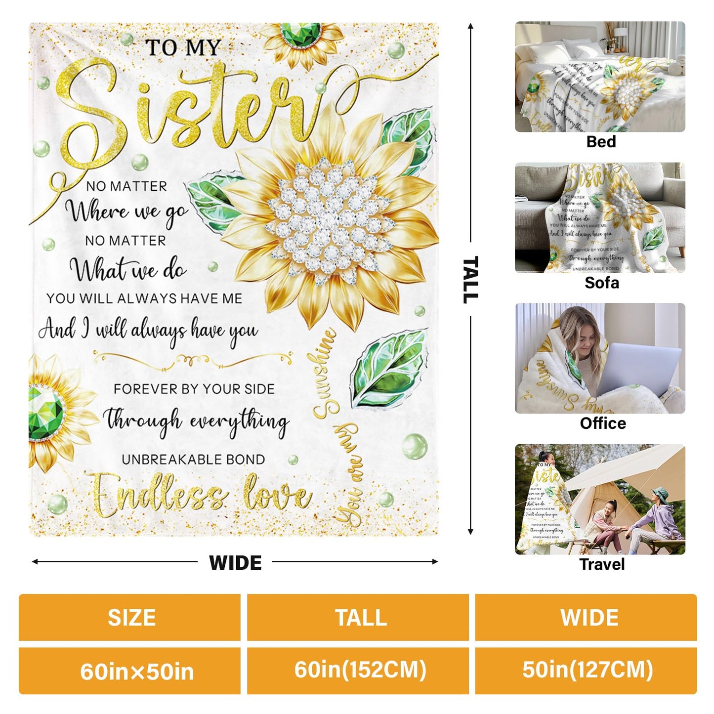 HEIFAM Sunflower Sister Gifts Blanket, Sisters Birthday Gift from Sis, Sunflower Blanket for Women, Graduation Mother's Day Ideas, Birthday Gifts for Sisters, Sis Soft Throw Blanket 50''x60''