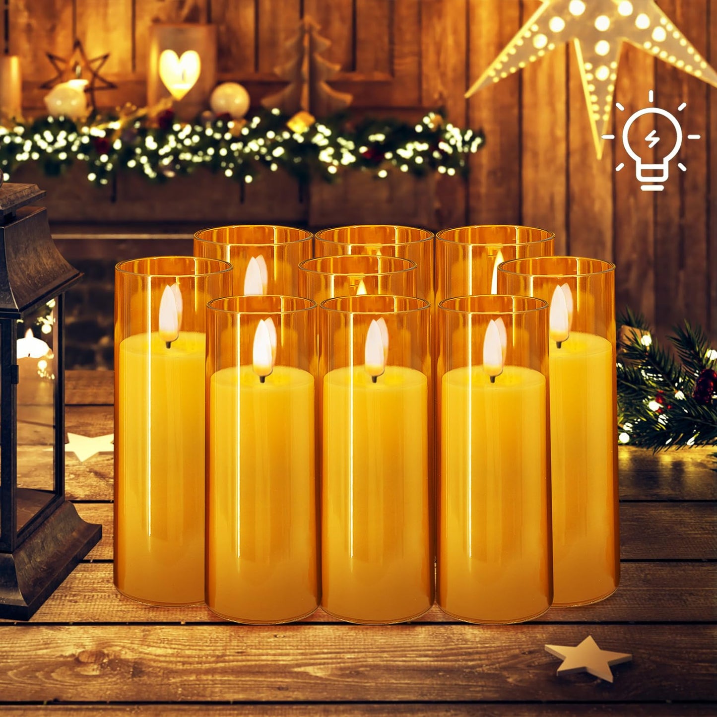 Sudifor Amber Flickering Flameless Candles, 9 Pack Battery Operated Candles with Flickering Flame, Led Pillar Candles with 2 Remote and Timer for Party/Hotel/Wedding/Birthday/Home Decoration
