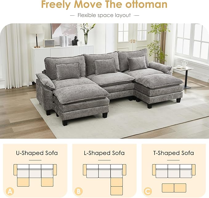 URRED Cloud Couch Modular Sectional Sofa, 122" Modern U Shaped Deep Seat Sofa with 2 Ottomans & Pillows, Ultra Comfy Chenille Couches for Living Room, Bedroom or Apartment, Light Gray