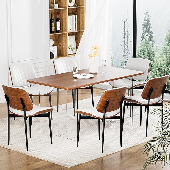 YaFiti Dining Chairs Set of 4, Dining Room and Kitchen Chairs, FSC Certified Mid Century Modern Accent Chair, Upholstered PU Leather Chairs for Vanity with Walnut Bentwood and Metal Legs, White
