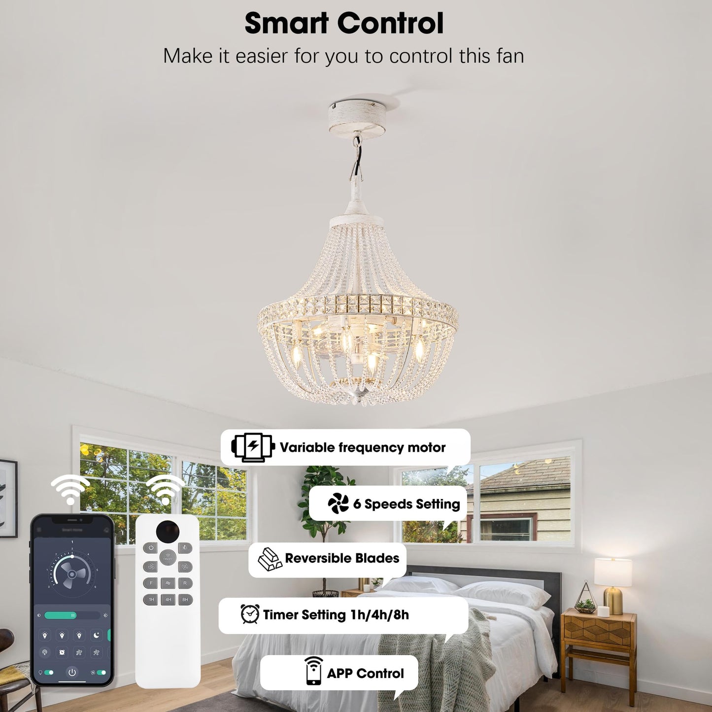 LVYEAYOU 20“ Modern Crystal Chandelier Ceiling Fan with Lights, Remote & App Control, 6 Speed, 8-Lights French Empire Fandelier, for Bedroom, Dining Room (Retro White)