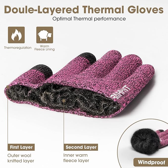 Rahhint Wool Winter Gloves Men Women Fleece lined Knit Gloves with Touchscreen Fingers Insulated Gloves Keep Hand Warm Gift