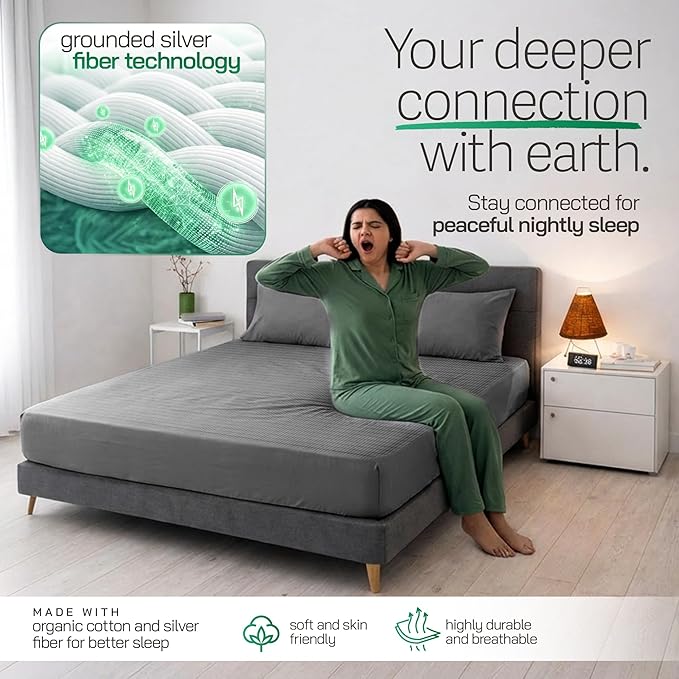 Earthbound Grounding Sheets Full Size - Improve Sleep and Relax with Our 90% Organic Cotton, 10% Pure Silver Grounded Sheet | Fitted Well Deep Pocket Grounding Well Bed Sheet, Earthing Sheets - Gray