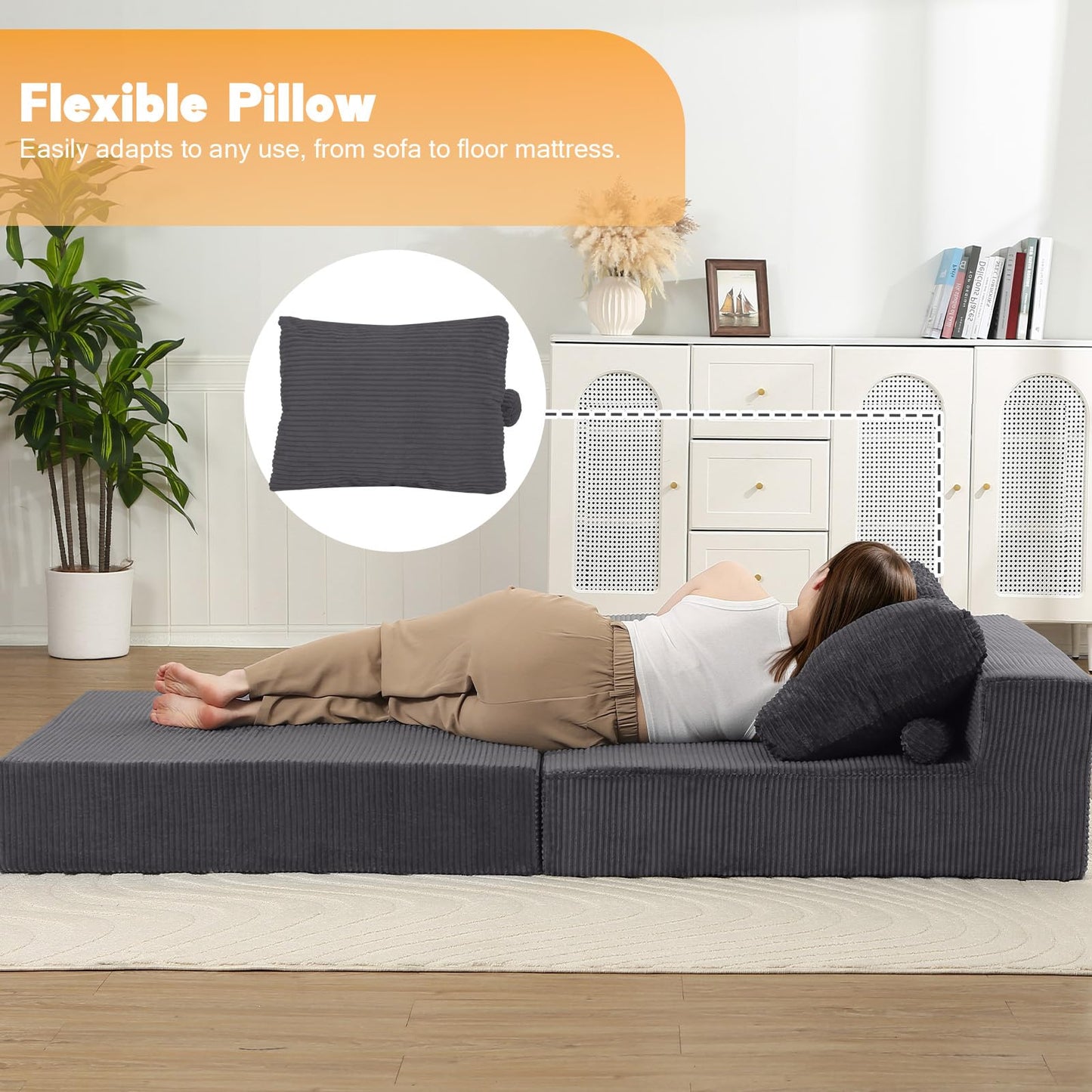 MeMoreCool Convertible Sofa Bed Foldable Boneless Couch, Folding Sleeper Chair Bed with L-Shaped Armrest, Comfy Floor Lounge Couch for Adults, Fold Out Single Sofa Chair Futon for Indoor Bedroom