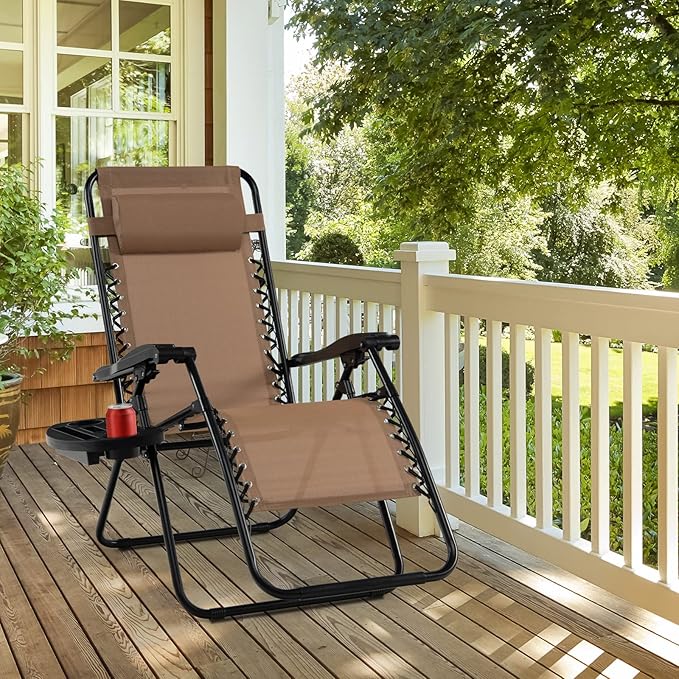 Tangkula Zero Gravity Chair, Folding Patio Lounge Chair Adjustable Outdoor Recliner with Cup Holder, Wide Armrest for Patio Garden Poolside Outdoor Yard Beach, Support 350 lbs (2, Light Brown)