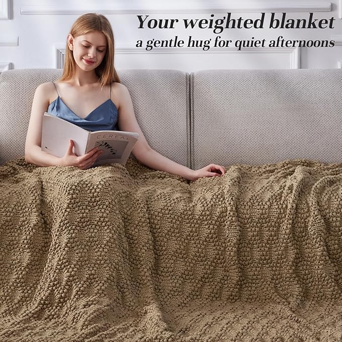 Knitted Weighted Blanket for Adult, Chunky Knit Weighted Throw for Sleep 60"*80" 12lbs, Cooling Breathable Machine Washable Fall Heavy Blanket for Room Decor (Beige, Queen)