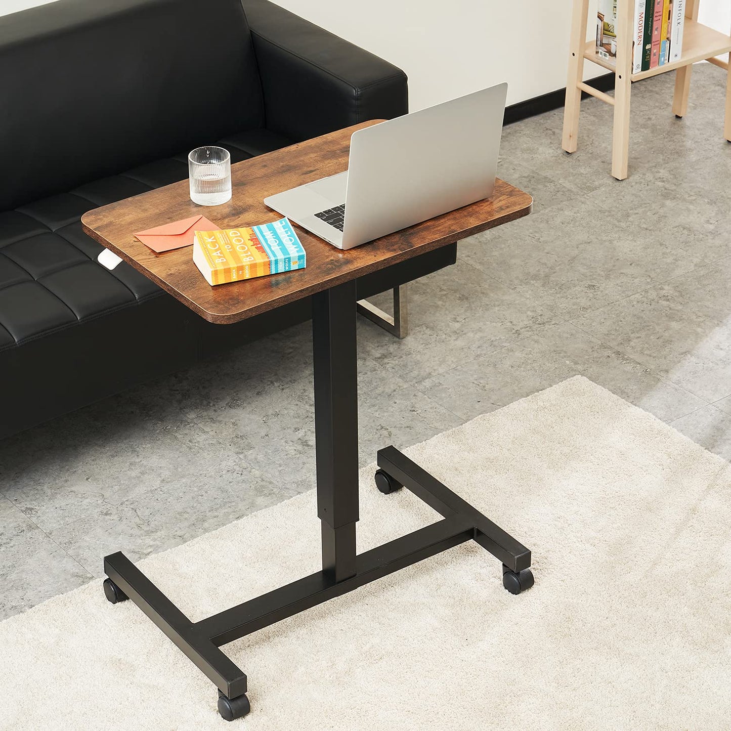 CLATINA Round Edge Design Elegant Mobile Laptop Desk Pneumatic Sit to Stand Table, Height Adjustable Rolling Cart with Lockable Wheels for Home Office Computer Workstation, 28" x 19" Brown