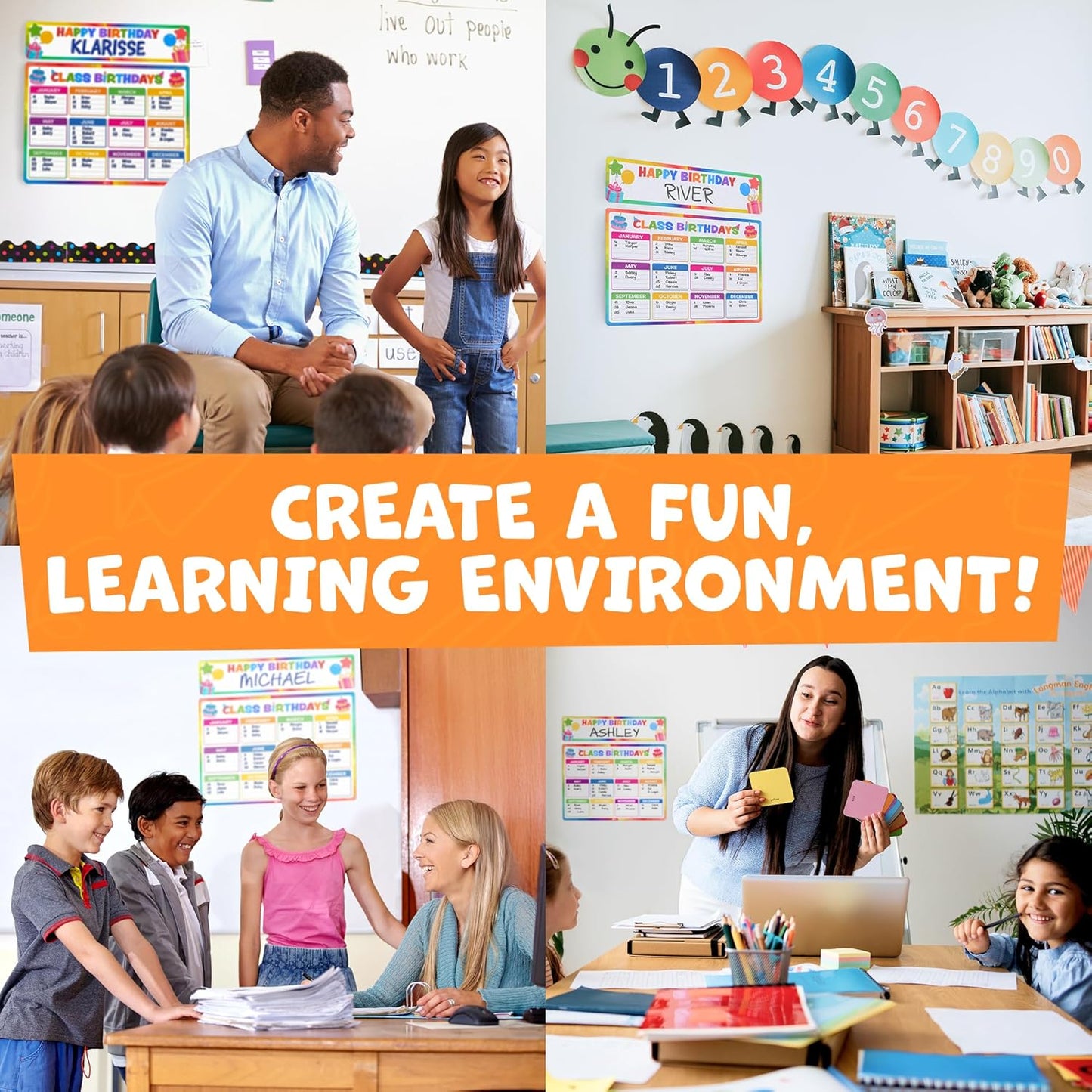 Momo & Nashi Happy Birthday Poster For Classroom 2pc - Back to School Supplies Classroom Birthday Chart Poster Bulletin Board Decorations for Teacher Elementary & Kindergarten