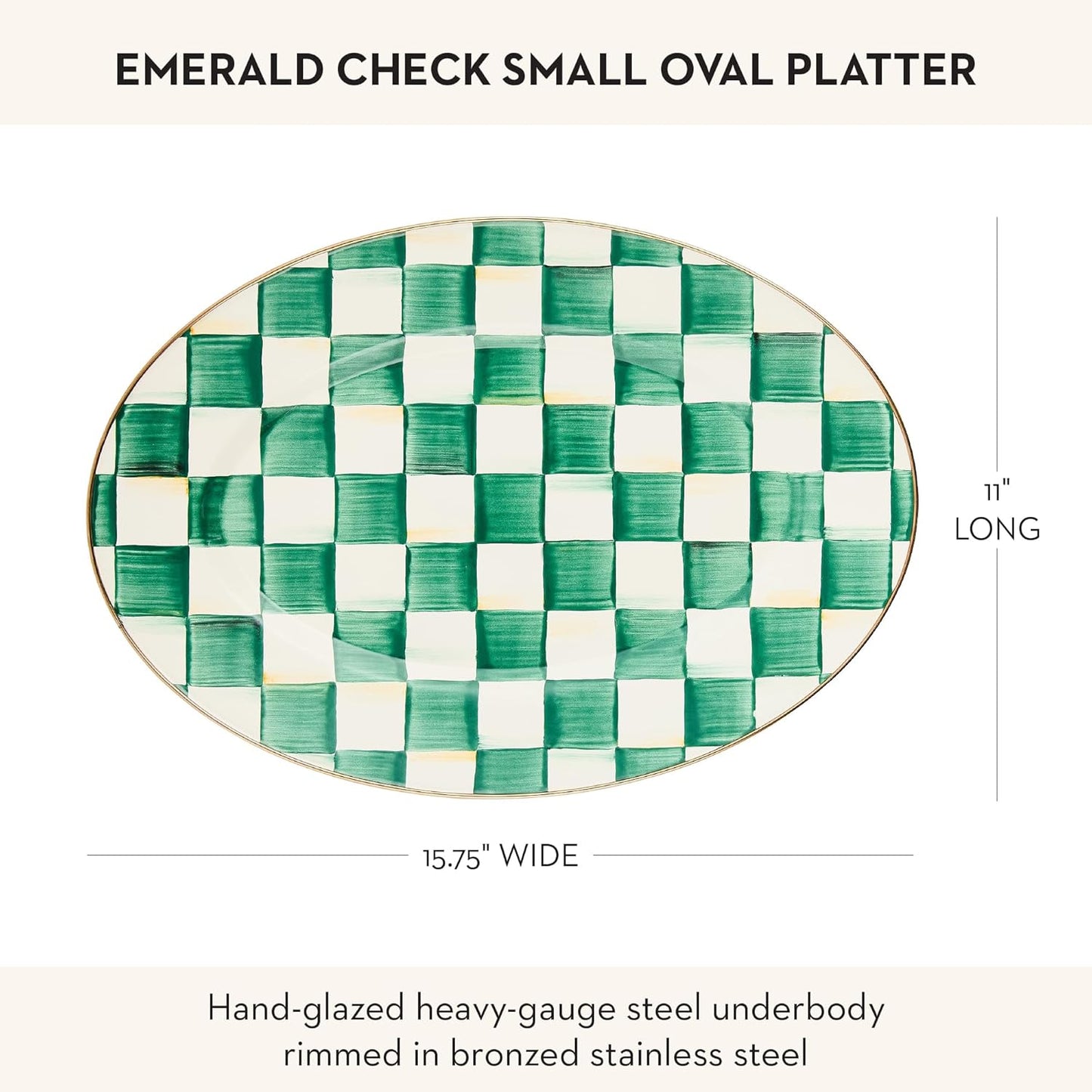 MACKENZIE-CHILDS Enamel Oval Platter, Serving Plate for Entertaining, Small, Green-and-White Emerald Check