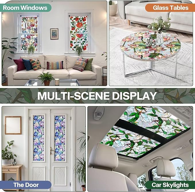 Floral Stained Glass Window Film, Static Cling Rainbow Privacy Film Sun Blocking, Removable Window Films for Bathroom Bedroom Living Room Sunroof, 17 x 78.74 Inch