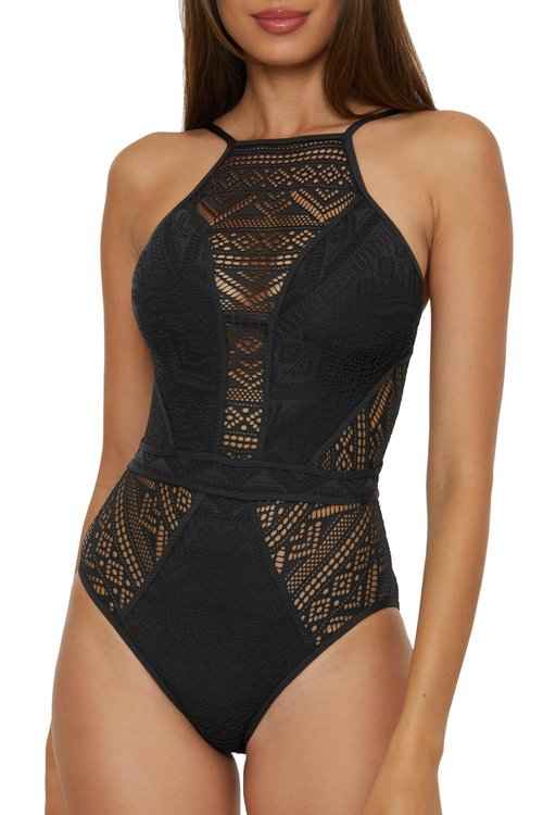 BECCA Women's Standard Color Play Crochet One Piece Swimsuit, High Neck, Bathing Suits, Black (A), Medium