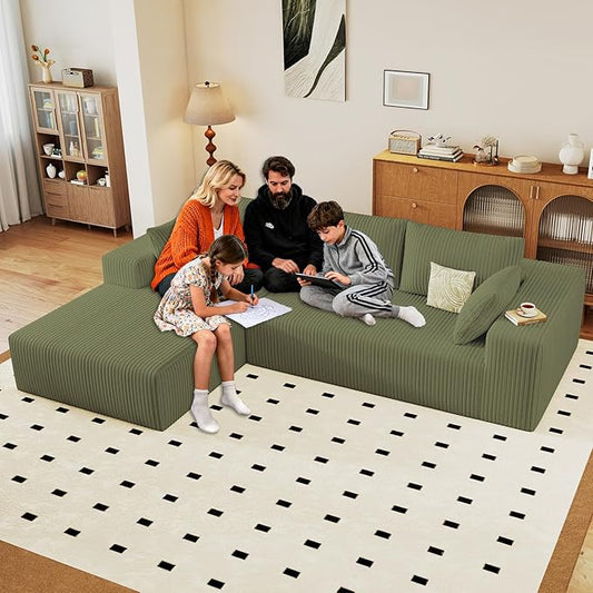 96" Cloud Sectional Couch with L-Shape Chaise, Modern Corduroy Boneless Couch for Living Room,Memory Foam Sofa with Deep Seat,No Assembly Required (Green,Left-Facing Chaise)
