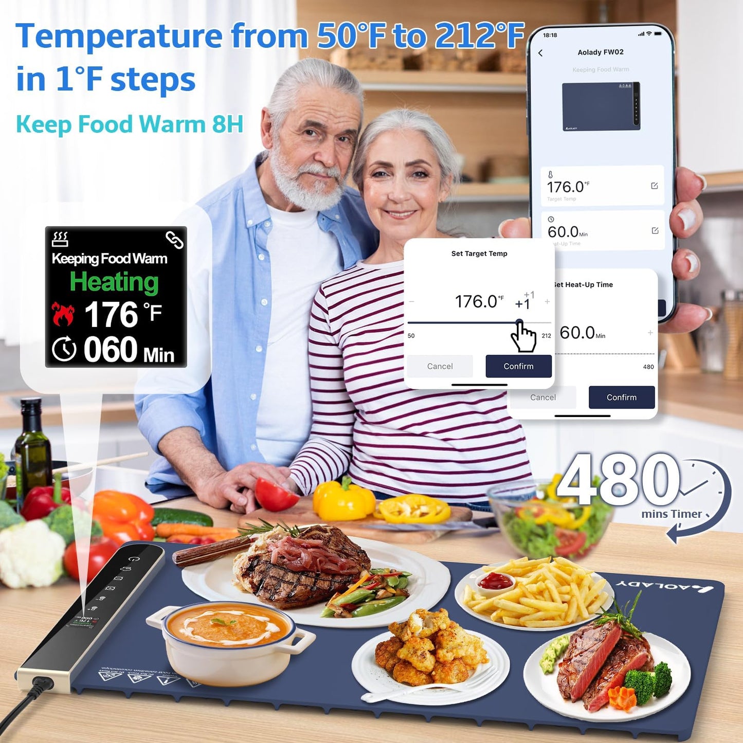 Warming Mat for Food, House Warming Gifts New Home, Birthday Gifts for Mom Dad Women Men, 15"x23.6" Chafing Dishes for Buffet with APP Controller, Multiple Temperature and Timer Levels, Blue