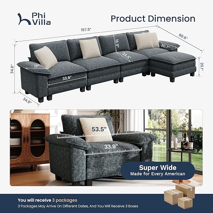 PHI VILLA Cloud Modular Couch Sets, 157.5" Sectional Sofa with L-Shaped Chaise, 5-Seater Upholstered Couches with Movable Ottoman for Living Room, Chenille Fabric, Dark Cyan