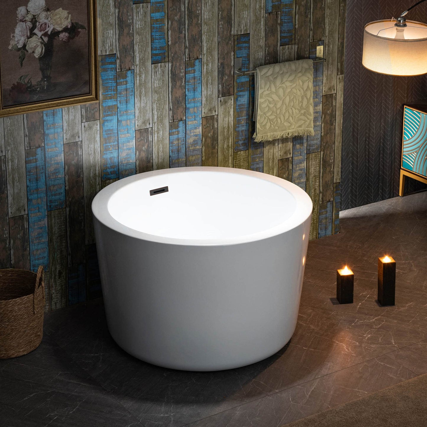 WOODBRIDGE 41" Acrylic Freestanding Round Contemporary Soaking Tub with Pre-molded Seat and Oil-Rubbed Bronze Overflow and Drain Option, White