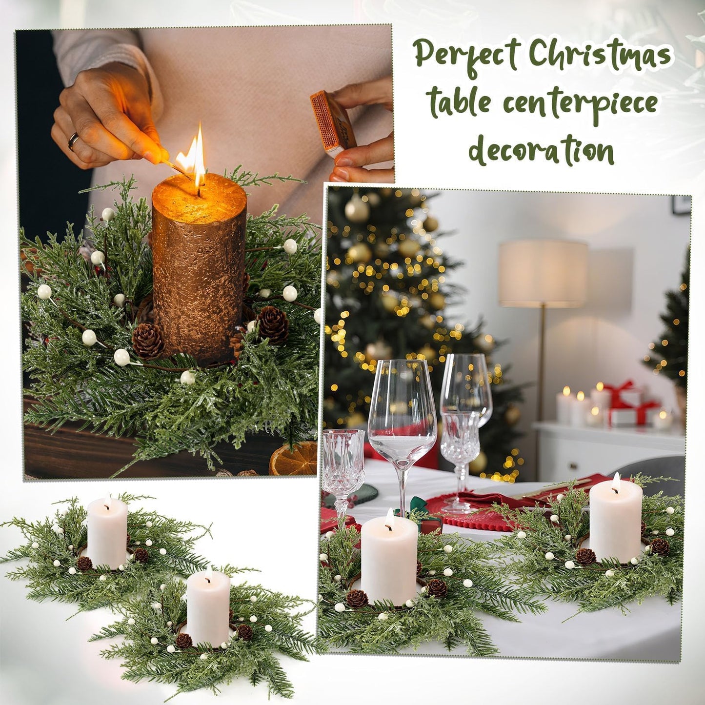 6 PCS Christmas Wreath Candle Rings Mini Wreath Pine Garland Artificial Frosted Cedar and Pine Cone Candle Rings Holder for Christmas Wedding Home Table Centerpiece Door Window Chair Wall