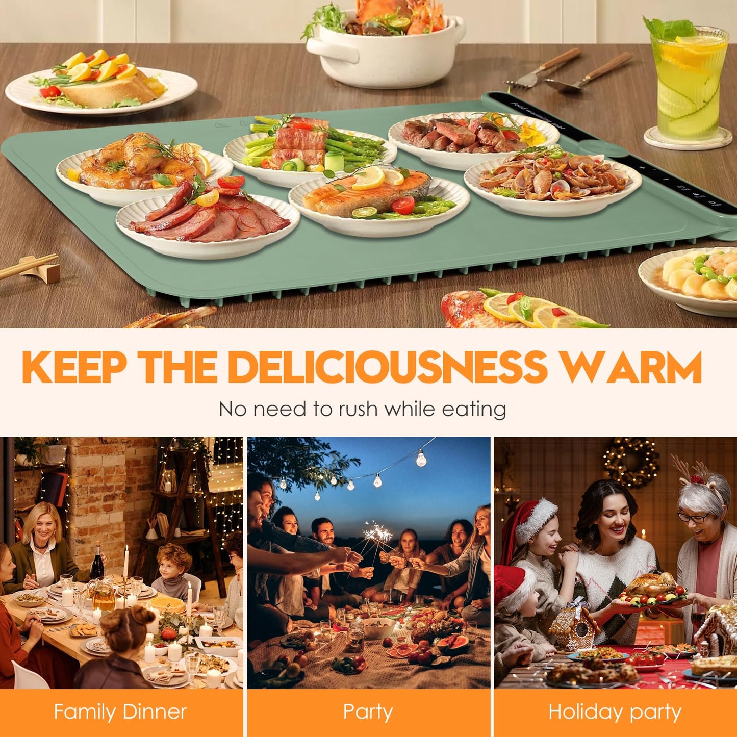 Silicone Warming Mat for Food, Fast Full Surface Heating Electric Warming Tray, 9 Level Temperature Adjustable Warming Kitchen Mat, Roll Up Food Warmer Mat for Countertop, Party, Travel