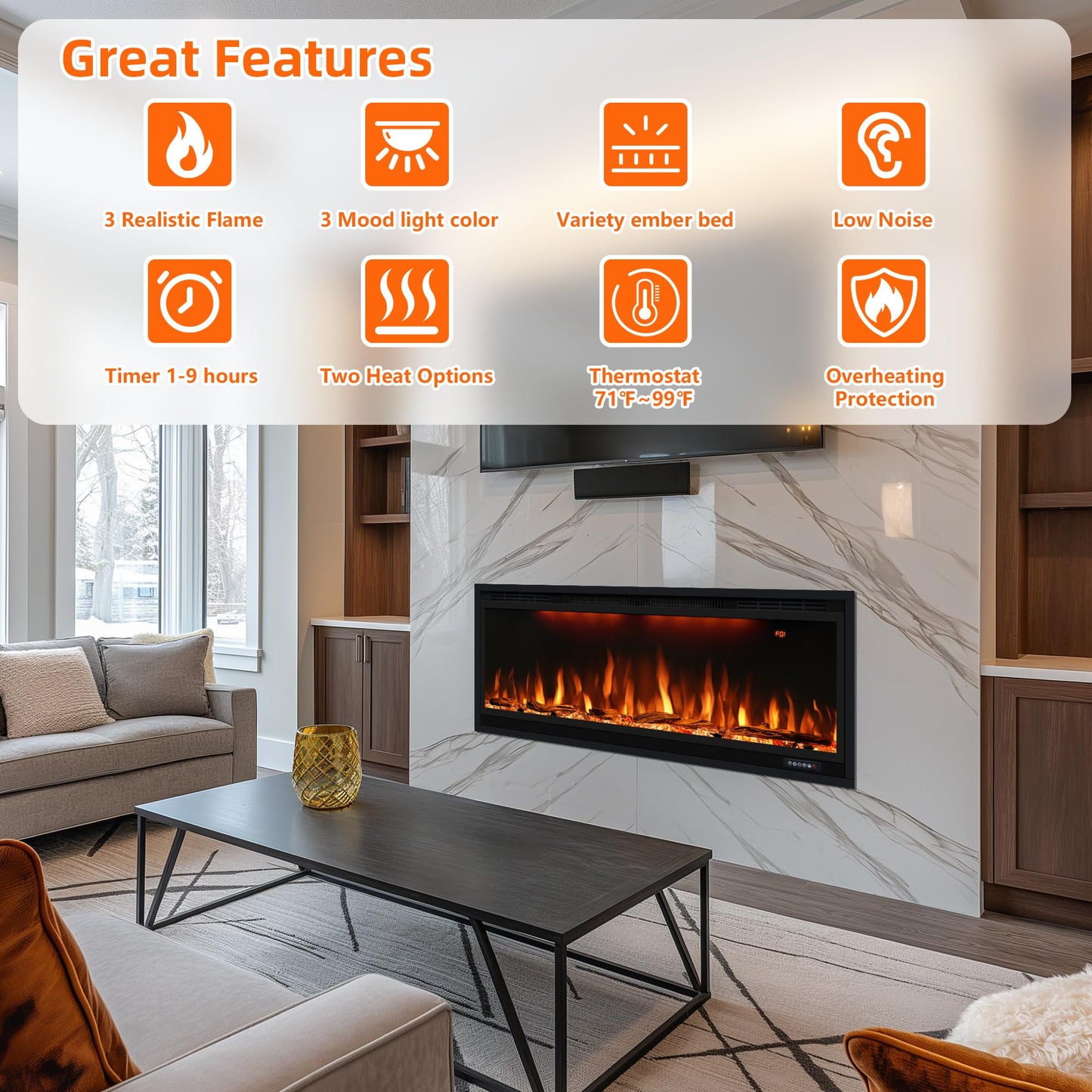 84 inch Smart Electric Fireplaces with App Control, Slim Recessed and Wall Mounted Fireplace Heater for Living Room, Multicolor Flame, Overheating Protection, WiFi-Enabled, Timer, 1500W, Black