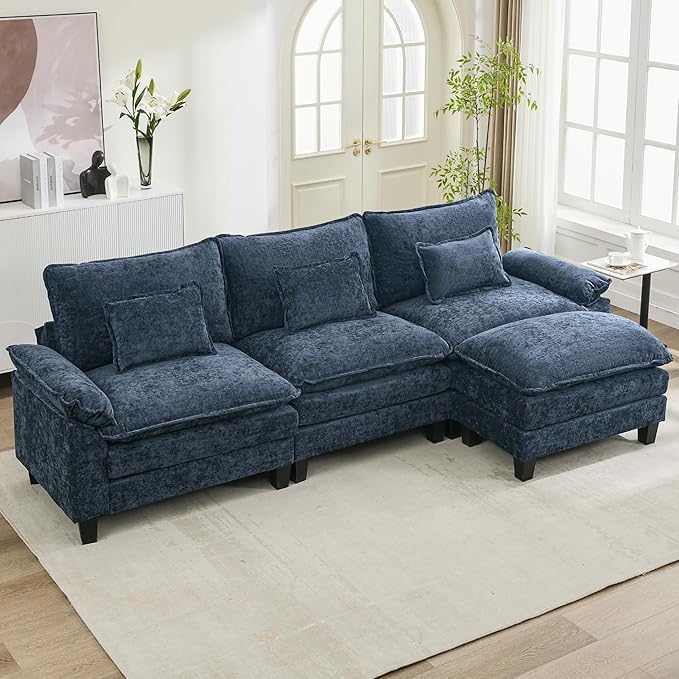 URRED Cloud Couch Modular Sectional Sofa, 122'' Modern L Shaped Deep Seat Sofa with Ottoman & Pillows, Ultra Comfy Chenille Couches for Living Room, Bedroom or Apartment, Blue