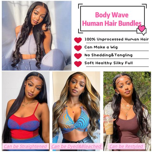 Releek Body Wave Bundles Human Hair 100% Unprocessed Body Weave Raw Hair 10A Brazilian Virgin Hair 4 Bundles (16 16 18 18 Inch) Natural Black Color Hair Extensions For Black Women
