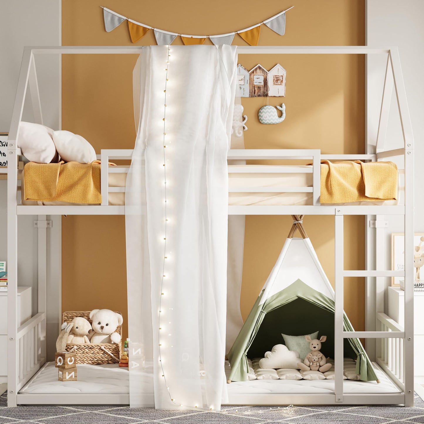 LIKIMIO Bunk Bed Twin Over Twin, House Bunk Bed Frame with Ladder and Guardrail, House Shaped with Metal Slats for Dormitory and Bedroom, Space Saving, No Box Spring Needed, White