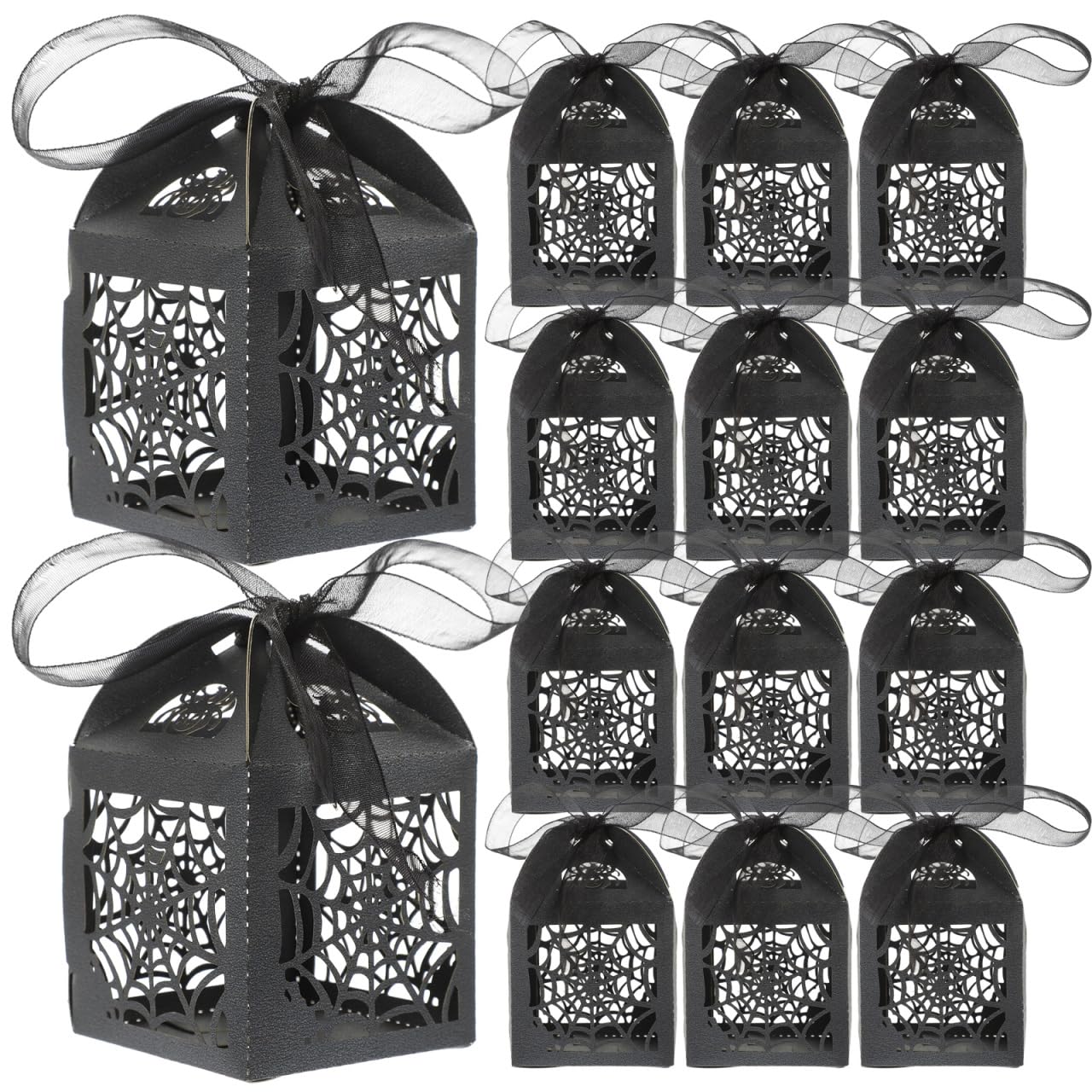 BESTOYARD 50Pcs Halloween Hollow Die-Cut Favor Boxes - Wedding Candy Boxes with Ribbons for Party Candy Packaging, 2X2 Inches
