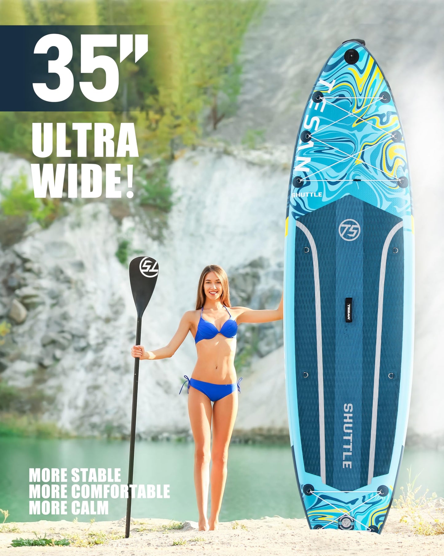 TESAN 11'6x35'' Extra Wide Inflatable Paddle Board,All-Round Ultra Stable Stand Up Paddleboards for 450lb/3 People/Family,Dual Bungees, Camera Mount, 5L Dry Bag,3 Handles,100L Backpack,3PCS Paddle