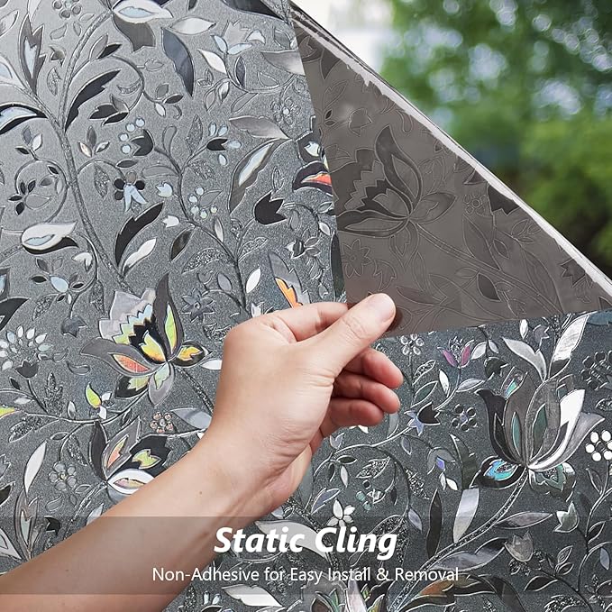 Kromapolis Window Film, Window Privacy Film Frosted, Vinyl Glass Covering, Stained Glass Decorative Film, Static Window Clings, Non-Adhesive (Grayish Black, 29.5 x 157.4 inch)