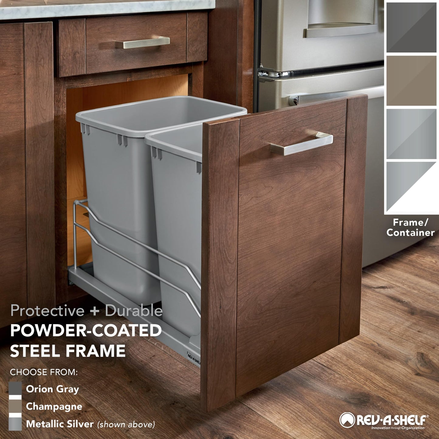 Rev-A-Shelf Double Pullout for Under Kitchen Cabinets 35 Quart 8.75 Gallon with Soft-Close Slides, Metallic Silver, 53WC-1835SCDM-217