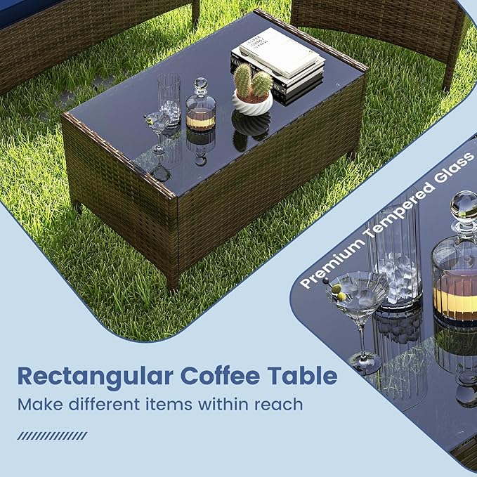 RELAX4LIFE 4-Piece Patio Furniture Set - Rattan Outdoor Conversation Bistro Set w/Cushions, Glass Coffee Table, Wicker Chairs & Loveseat for Garden Backyard Porch, Balcony Furniture Set (1, Navy)
