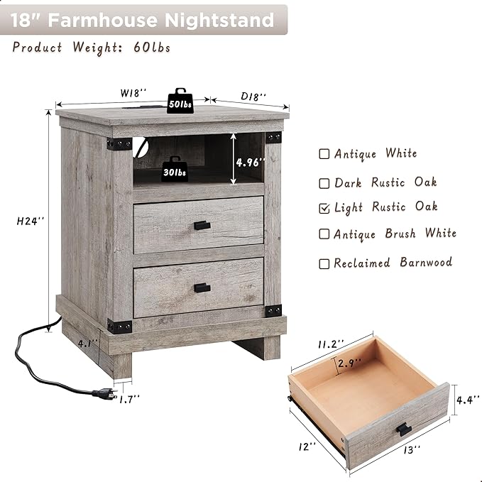 RedLemon Farmhouse Nightstand Set of 2 with Charging Station, 18" Rustic Night Stand with 2 Storage Drawers, Wood End Table for Bedroom, Living Room, Light Rustic Oak