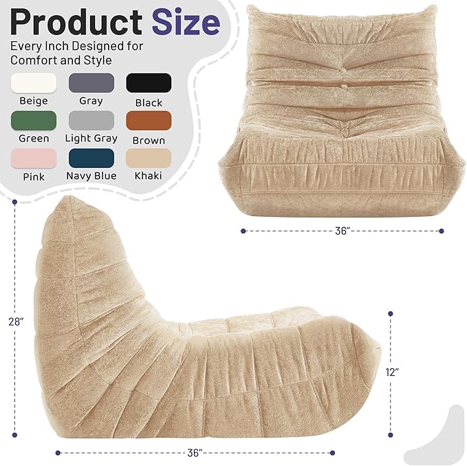 HABUTWAY Bean Bag Chair, Giant Bean Bag Chairs for Adults, Bean Bag Sofa with Filler Faux Fur, Memory Foam Bean Bag Couches Fireside Lazy Sofa for Living Room, Bedroom, Office (Khaki)