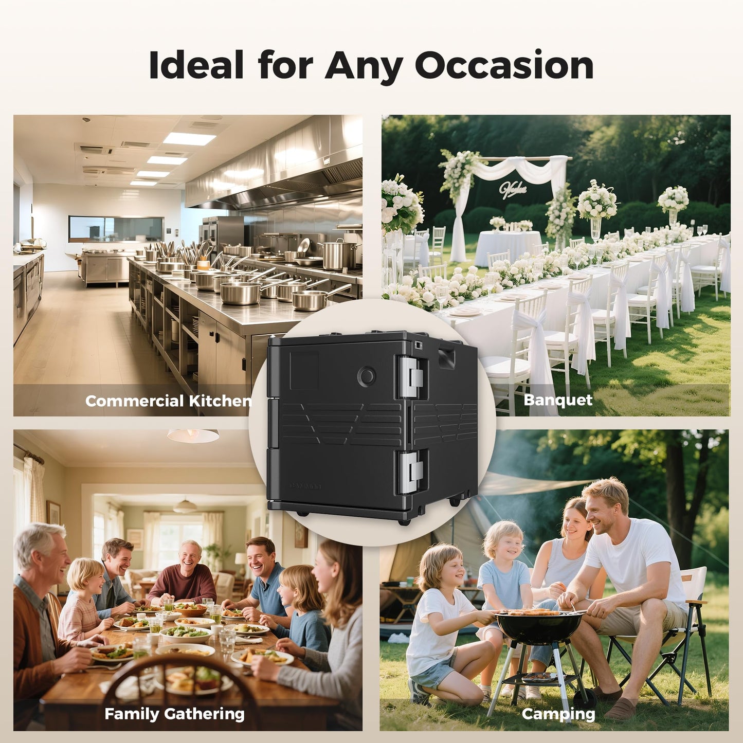 CAMMOO 82QT Non-Electrical Hot Box Food Warmer with Wheels, 304 Stainless Steel Latch & Door Shaft, Insulated Food Carrier for 5 Full-Size Pans(NOT Included), Food Warmer Box Hot Boxes for Catering