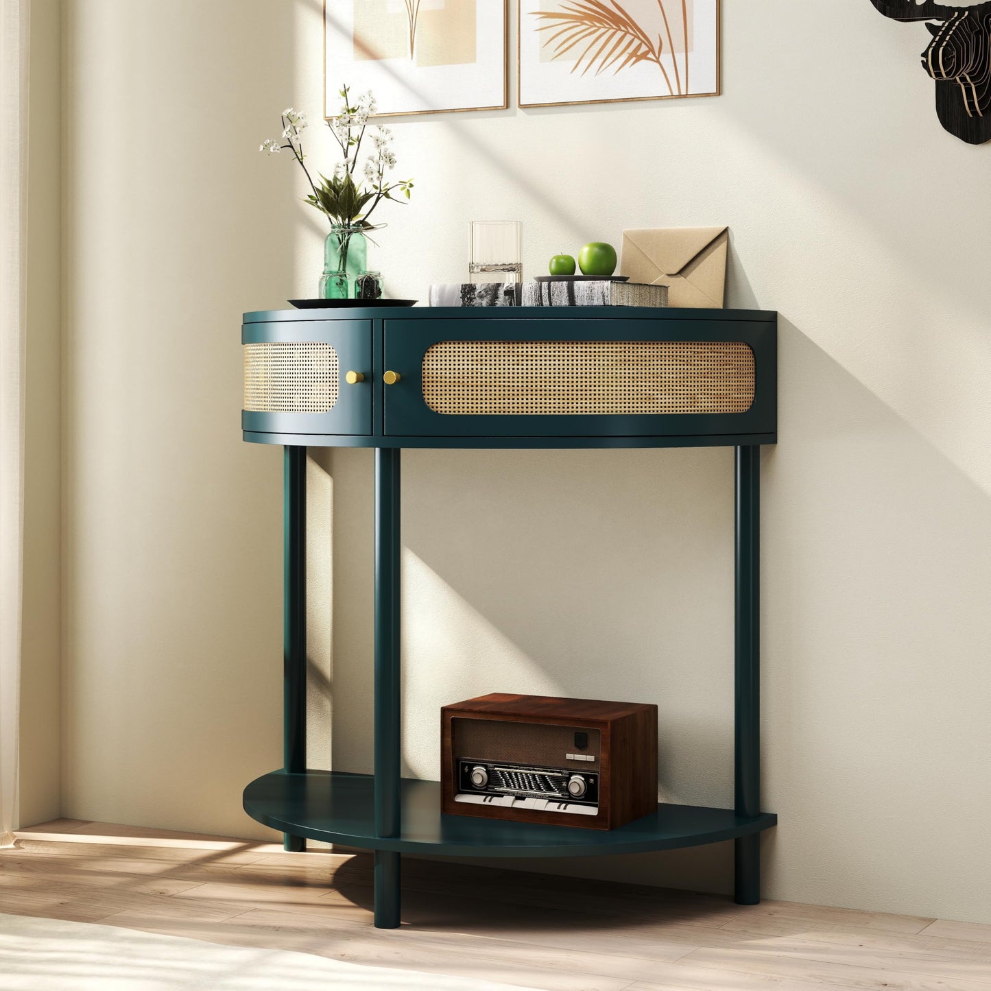 Half Moon Wood Console Table for Narrow Entryway, Boho Rattan Side Coffee Table with Storage, Accent Table for Small Spaces, Decorative Furniture for Living Room Hallway Foyer Entrance (Green)