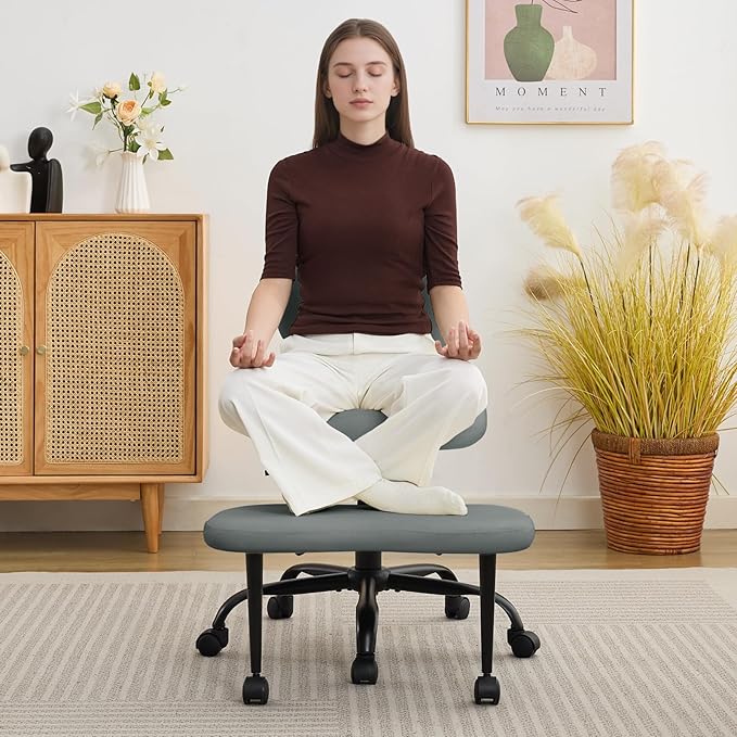 Ergonomic Cross Legged Office Chair, Criss Cross Chair with Wheels, 360°Swivel ADHD Meditation Kneeling Yoga Seat with Adjustable Height, Ergonomic Back Support and Leg Rest, Leather (Gray)