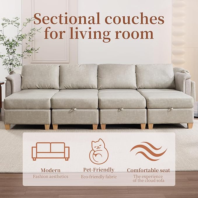 Modular Sectional Sofa,Modern Sectional U Shaped Couches for Living Room,8 Seat PU Leather Deep Seat Sectional Cloud Couch with Storage,Beige