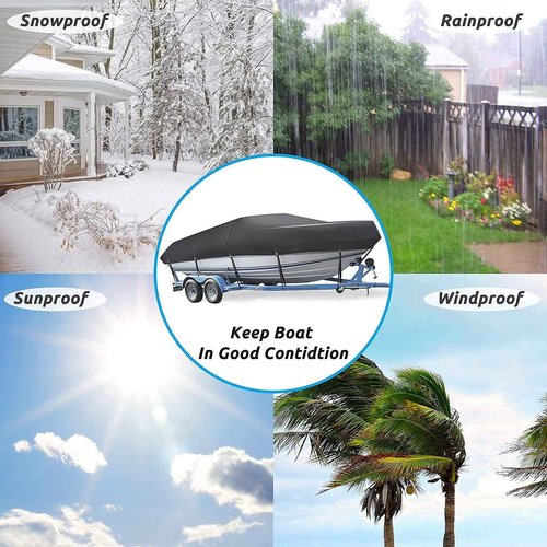 Mancro Boat Cover 16ft-18.5 ft, Heavy Duty Covers fits Bass Boats, V-Hull, Tri-Hull, Runabout, Fishing Boats, Waterproof Trailerable Boat Cover, Marine Grade Canvas Outboard Cover, Black