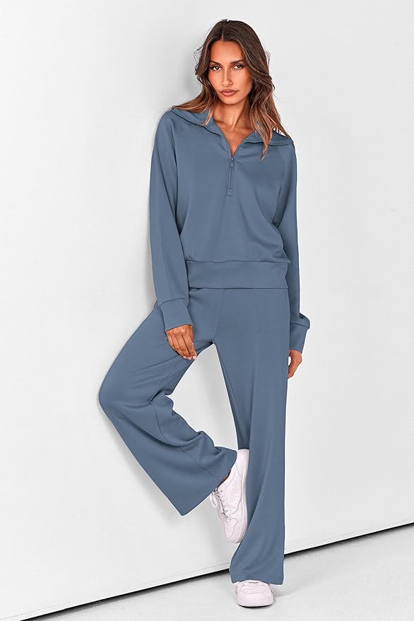 PRETTYGARDEN Women's 2 Piece Outfits Casual Lapel Half Zip Sweatshirts and Wide Leg Pants Tracksuit Sets