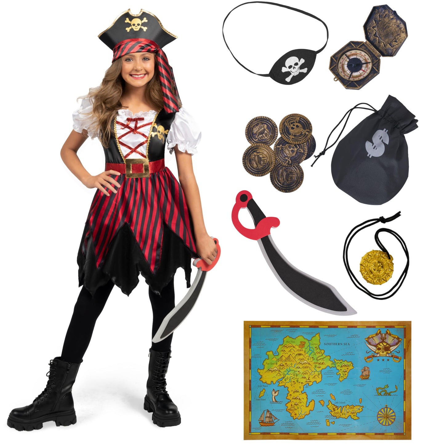 Spooktacular Creations Halloween Kids Pirate Costume, Black Pirate Dress for Girls, Buccaneer Princess Outfit for Girls Halloween Dress Up, RolePlay Themed Party (Small, 5-7 yrs)