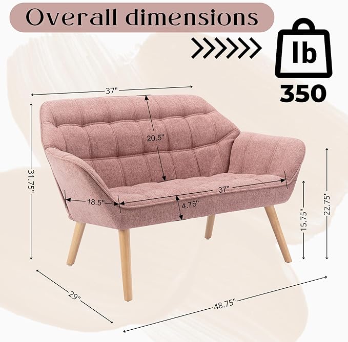 Hyfirm Small Loveseat Sofa, 48 inch Love Seat for Living Room Comfy Chenille Mini Couch with Wood Legs for Small Spaces Bedroom Apartment Office, Pink