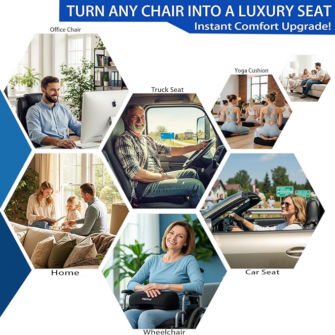 PilloVive Ergonomic Seat Cushion for Office Chair &Car-Advanced Memory Foam Coccyx Pillow for Tailbone,Sciatica &Lower Back Pain Relief-Non-Slip Desk Chair Pad for Long Sitting,Posture Support-Black
