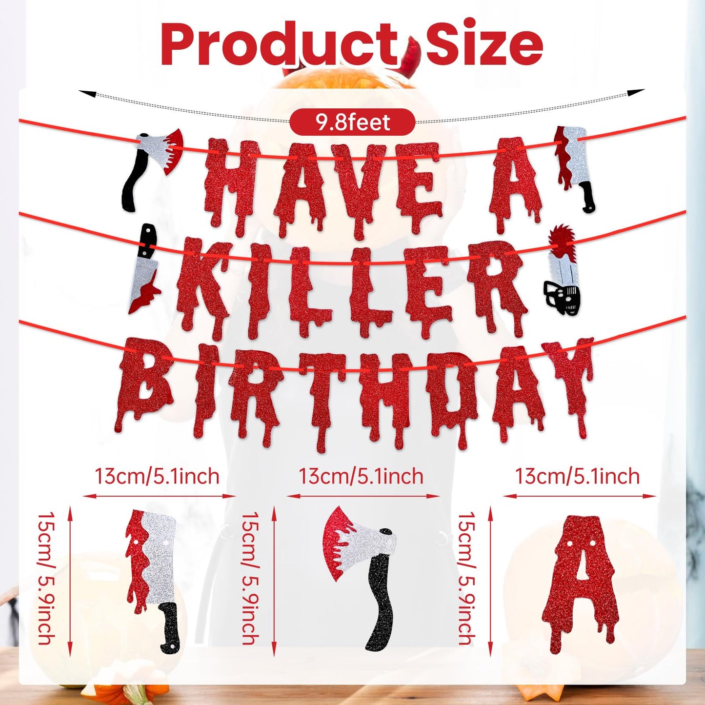 Red Glitter Have a Killer Birthday Banner - Pre-Strung Halloween Hanging Paper Garland Bunting Banner Bloody Decorations, Photo Backdrop for Wall Home Mantel Office Wall Scary Party Supplies