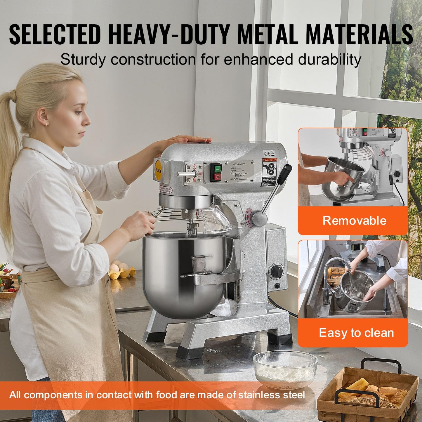 VEVOR Commercial Food Mixer 20Qt, Commercial Mixer with 3 Adjustable Speeds, 1100W Dough Mixer,Commercial Stand Mixer with Stainless Steel Bowl